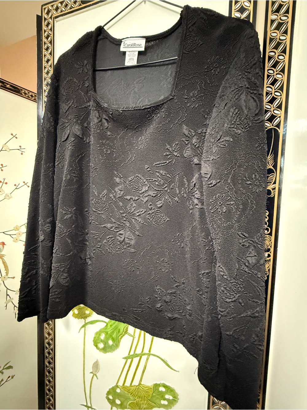 Carol Rose Vintage Black Embossed Floral Square Neck Top - Size Large